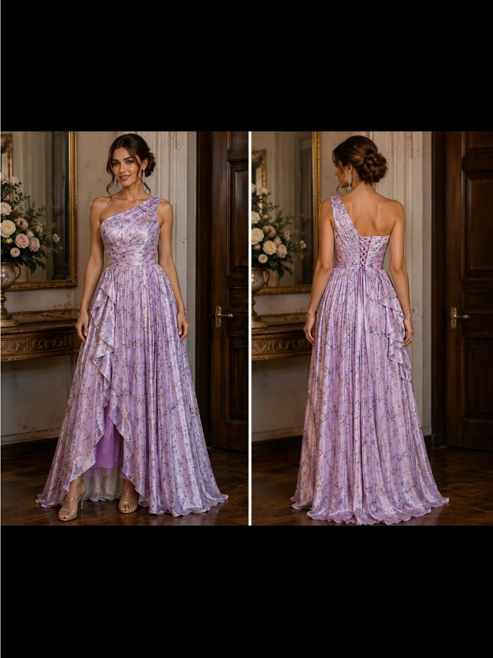 Lilac One-Shoulder Floral Maxi Dress with Cascading Ruffle